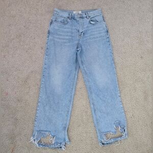 Free People We the Free Jeans Wide Leg Distressed Denim Raw Hem Size 28 (28x29)